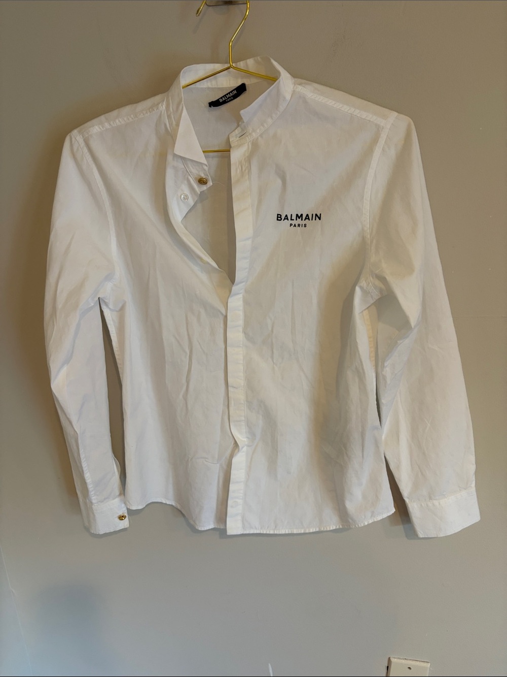 Balmain White Band-Collar Cotton Shirt with Logo